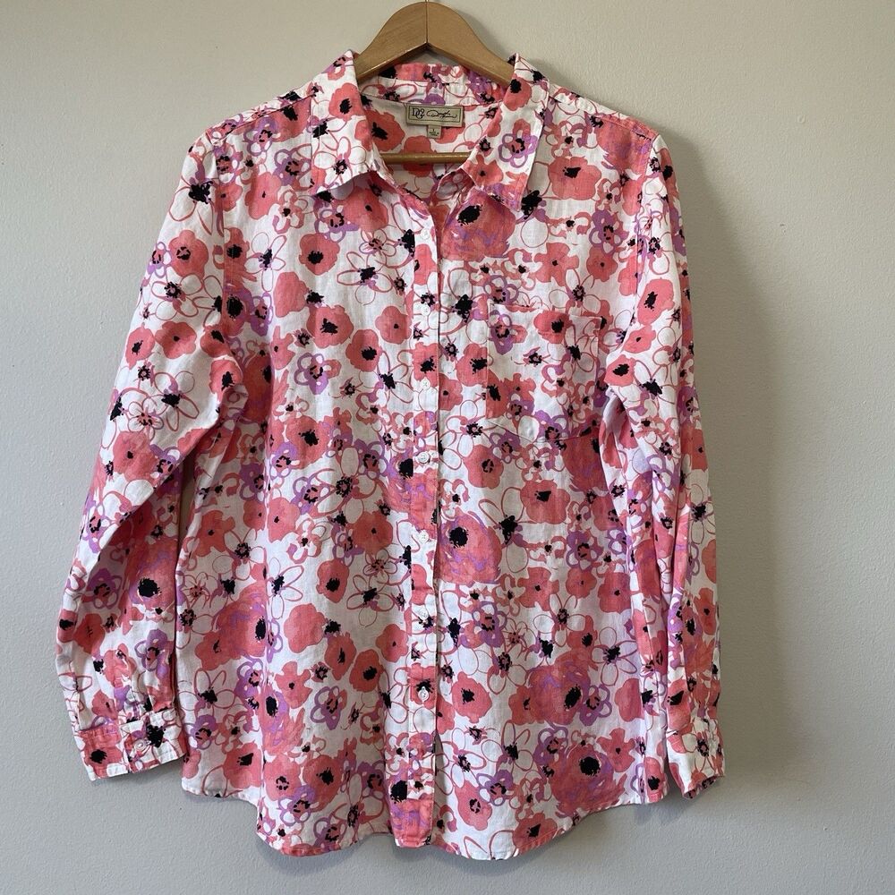 DG2 Diane Gilman 100% Linen L Floral Button Up Blouse Beachy Coastal Spring